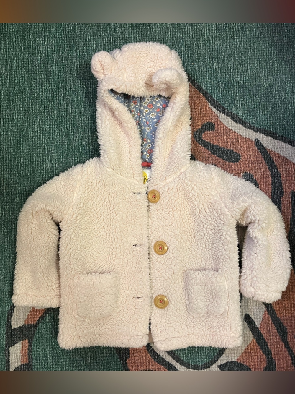 Baby Boden Cream Sherpa Coat with Blue Floral Lining